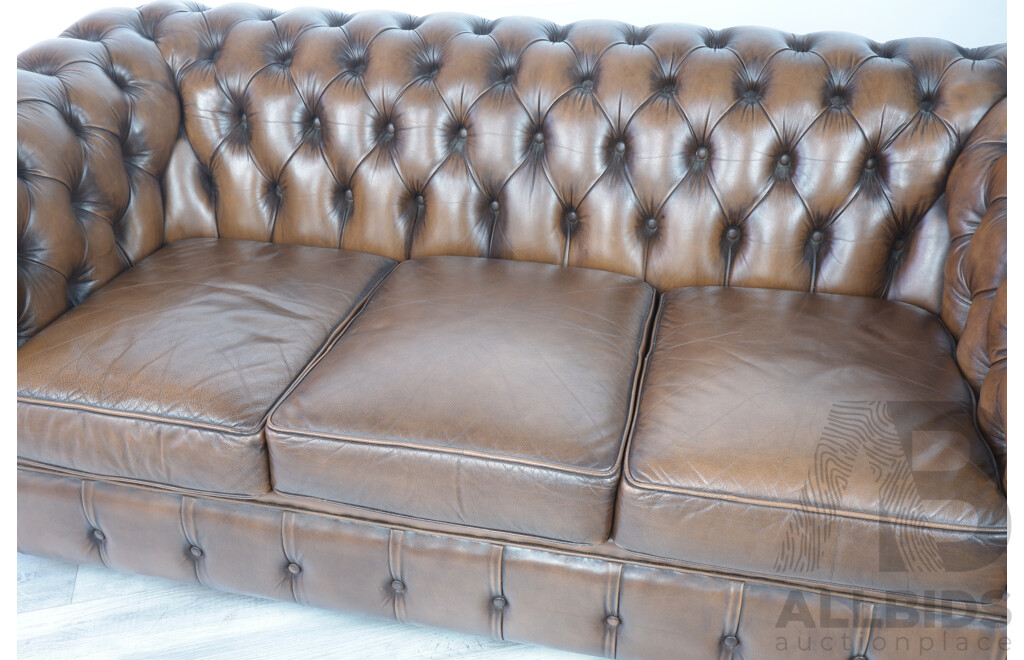 Moran Brown Leather Chesterfield Three Seater Lounge