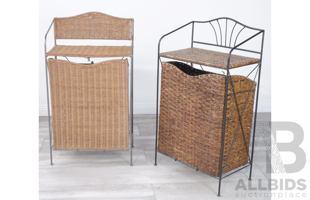 Two Wrought Iron and Cane Laundry Hampers