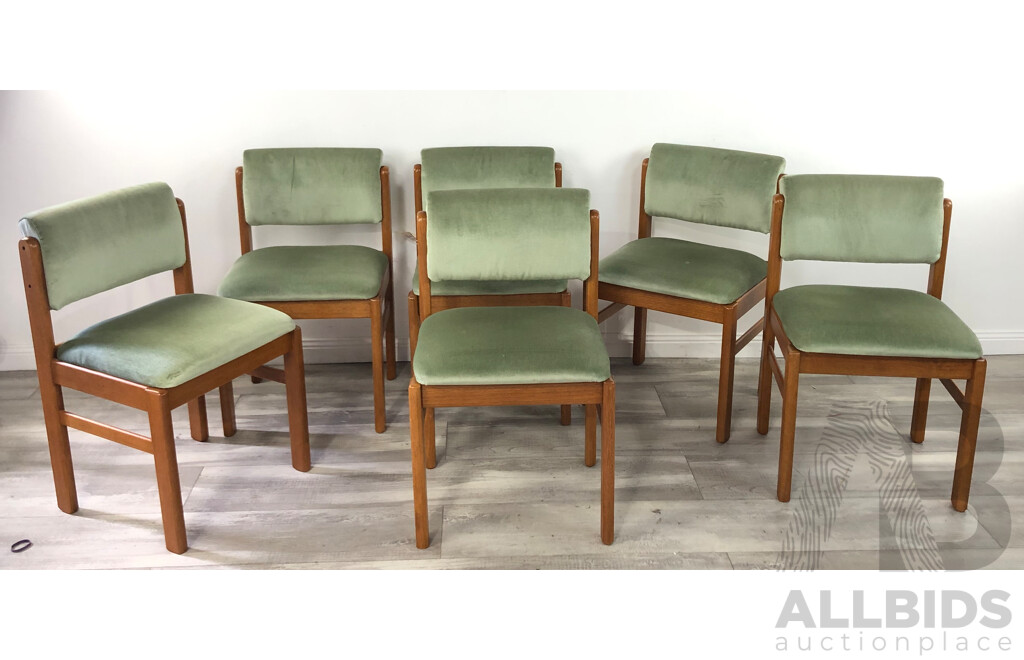 Six Vintage Dining Chairs with Seafoam Green Velvet Upholstery