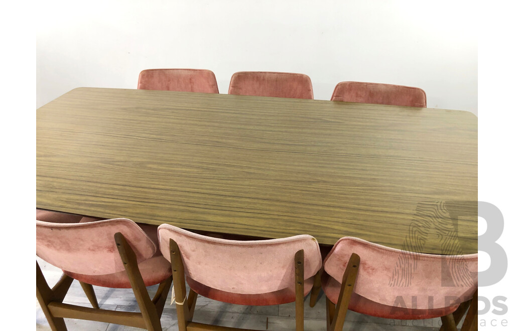 Eight Vintage Dining Chairs with Pink Velvet Upholstery and Table