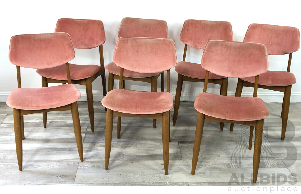 Eight Vintage Dining Chairs with Pink Velvet Upholstery and Table