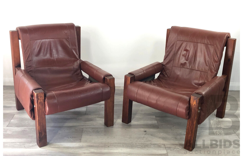 Pair of Retro Brown Leather Armchairs