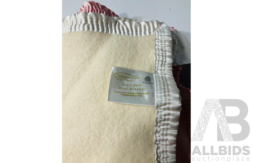 Pair of Onkaparinga Vintage Baby Soft Wool Blankets Alongside a Handmade and Inscribed Quilt