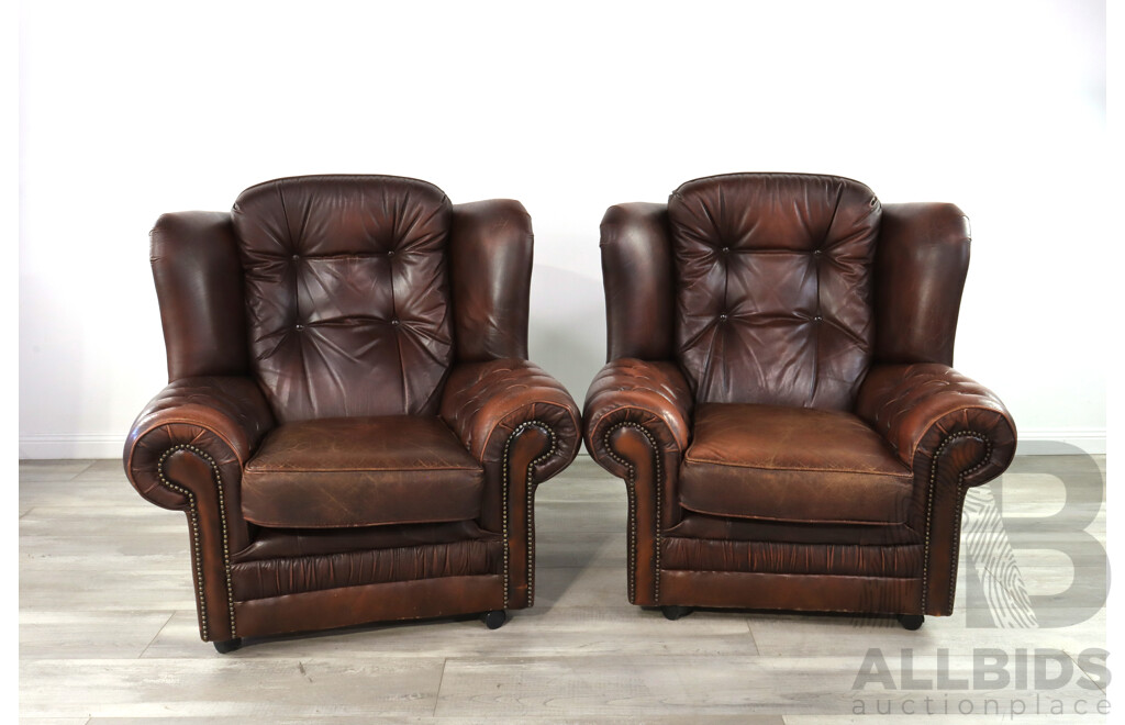 Pair of Vintage Wingback Leather Armchairs
