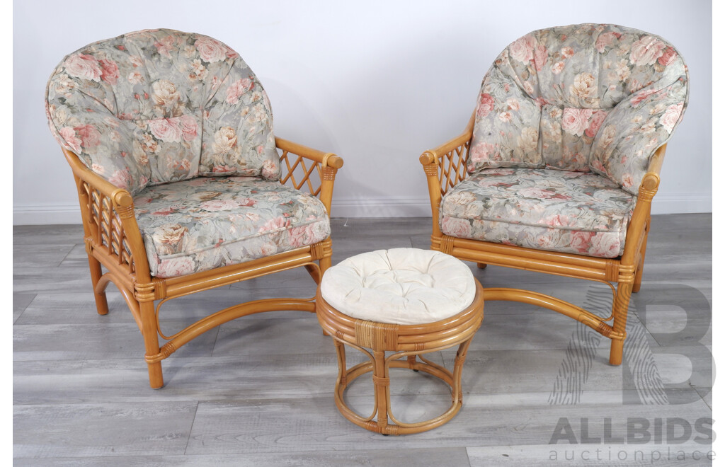 Vintage Three Piece Cane Lounge Set with Footstool