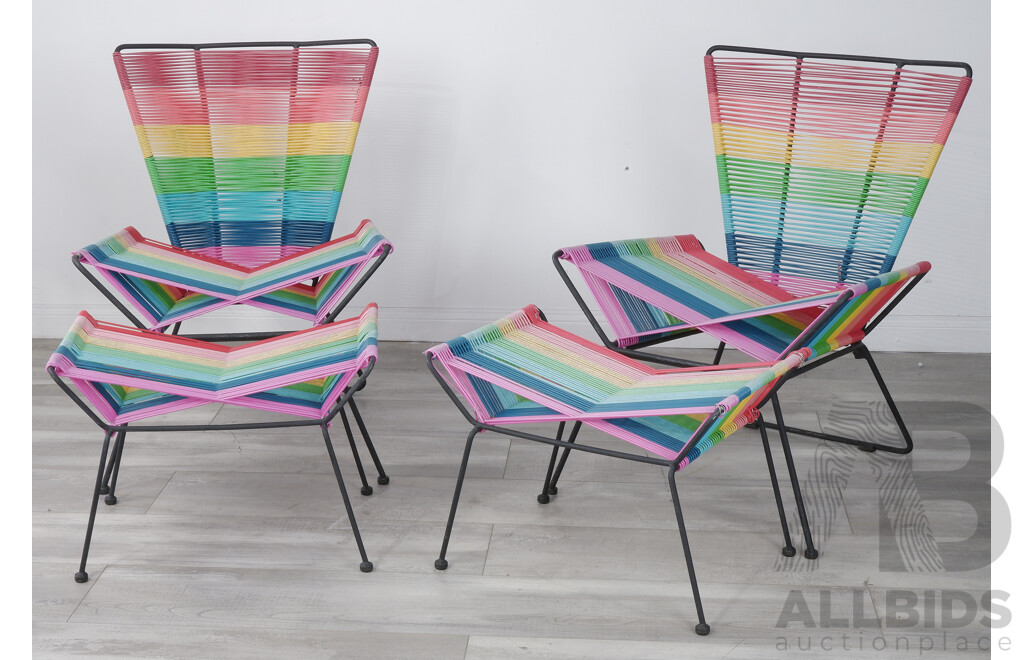Pair of Retro Style Rainbow Woven Plastic Outdoor Chairs with Footrests