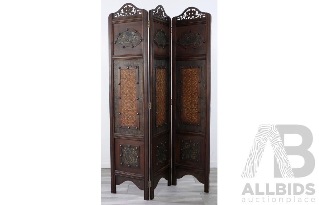Three Panel Room Divider with Asian Design Motifs