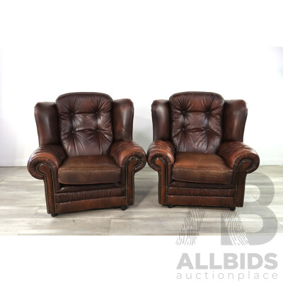 Pair of Vintage Wingback Leather Armchairs