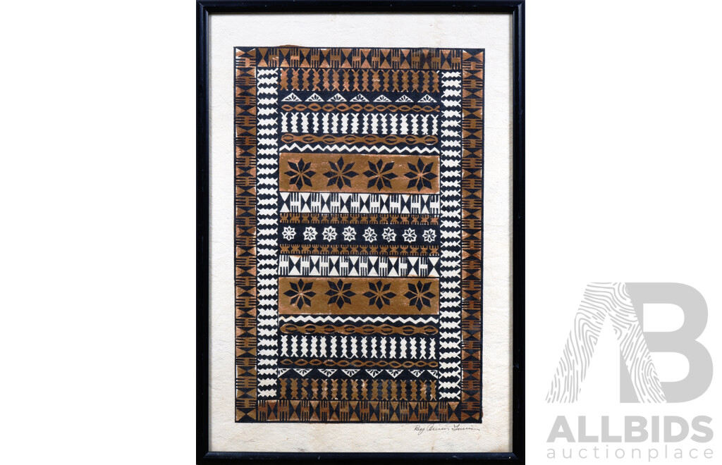 Framed Tapa Cloth Design, Woodblock on Paper, Signed Indistinctly