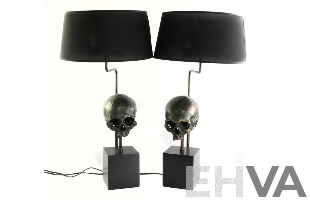 Pair Eichholtz Metal Scull Form Table Lamps with Telescopic Extruder to Lamp & Sculls with Organza Black Shade