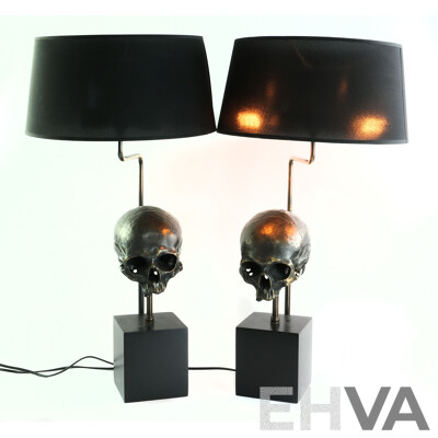 Pair Eichholtz Metal Scull Form Table Lamps with Telescopic Extruder to Lamp & Sculls with Organza Black Shade