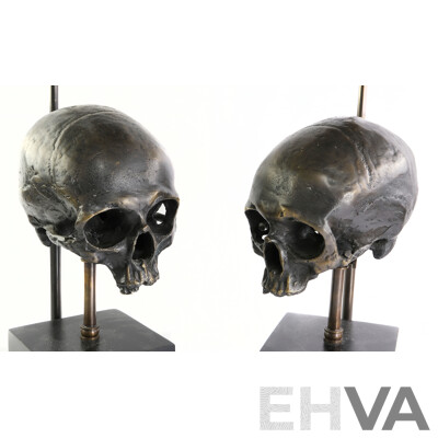 Pair Eichholtz Metal Scull Form Table Lamps with Telescopic Extruder to Lamp & Sculls with Organza Black Shade