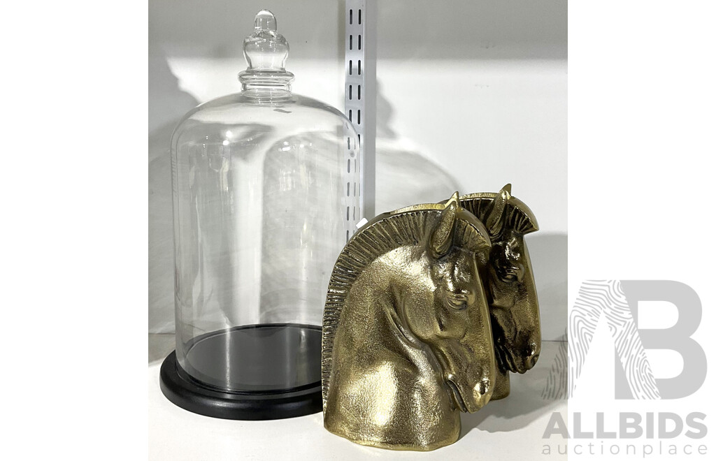 Pair of Cast Metal Horse Vases and Glass Cloche