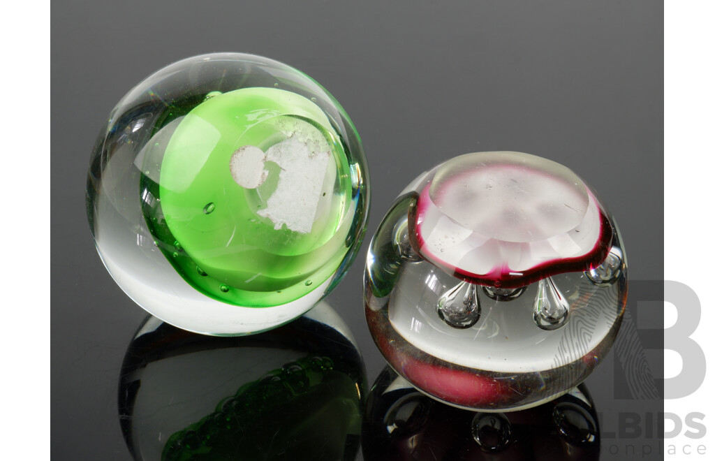 Two Vintage Hand Blown Glass Paperweights with Controlled Bubble Inclusions