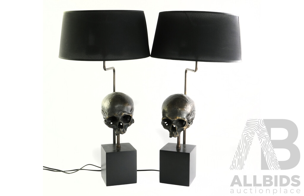 Pair Eichholtz Metal Scull Form Table Lamps with Telescopic Extruder to Lamp & Sculls with Organza Black Shade