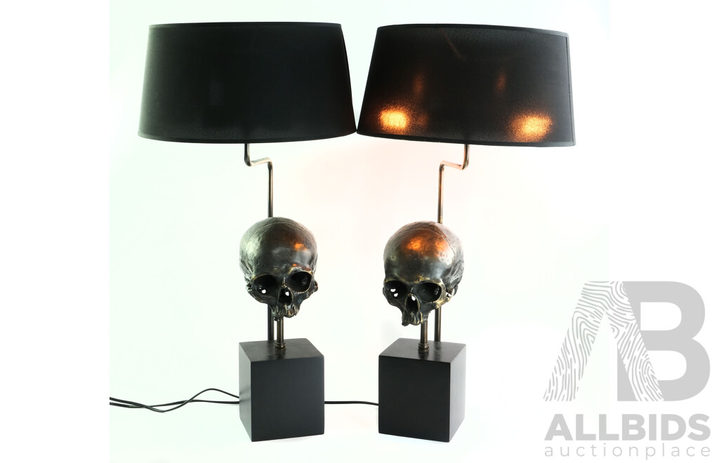 Pair Eichholtz Metal Scull Form Table Lamps with Telescopic Extruder to Lamp & Sculls with Organza Black Shade