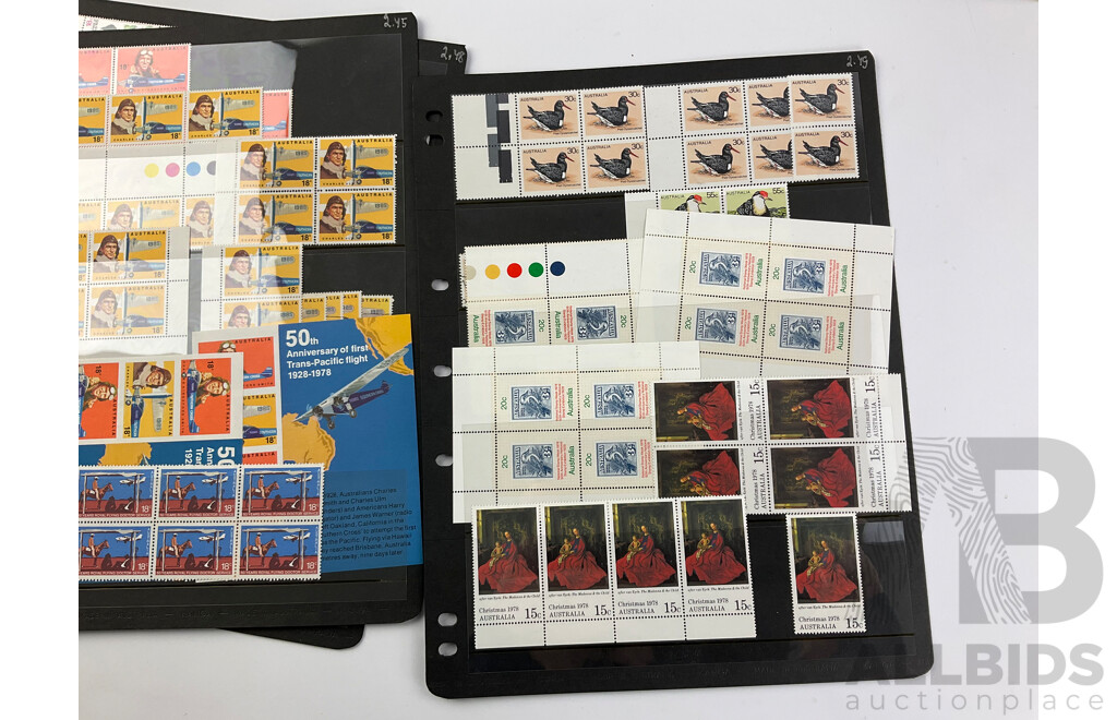 Collection of Australian 1970's Stamps, Mint, Blocks and Cancelled Including Test Cricket Century, Parliament House Fifty Years, Fiftieth Trans Pacific Flight and More