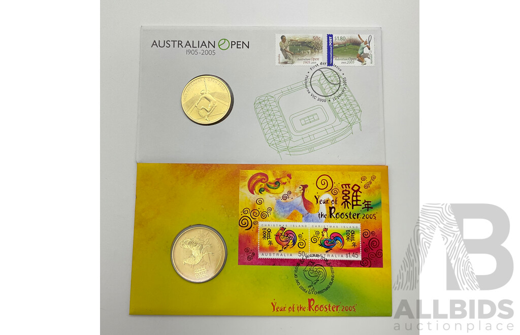 Australian 2005 Year of the Rooster Fifty Cent Coin PNC and Australia Open 1905-2005 Five Dollar Coin PNC