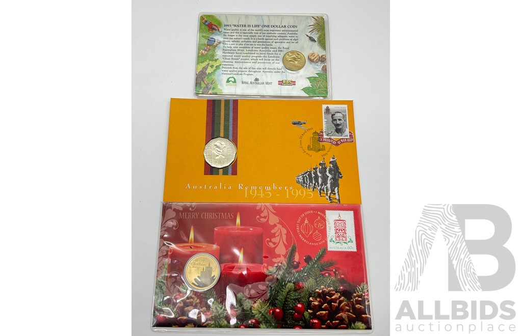 Australian RAM 1993 One Dollar, Landcare, 1995 Fifty Cent, Weary Dunlop and 2013 Christmas One Dollar Coin PNC