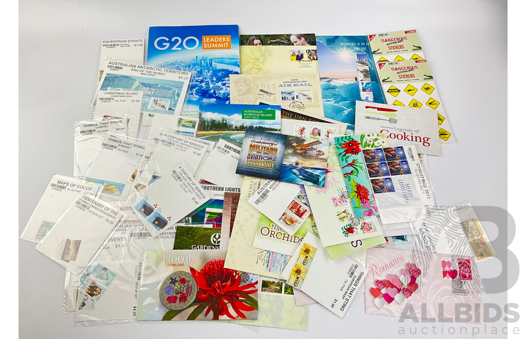 Collection of Australian Stamp Packs and First Day Covers Including 2001 Australia in the Antarctic, 2014 G20, 2014 Floral Emblems PNC and More