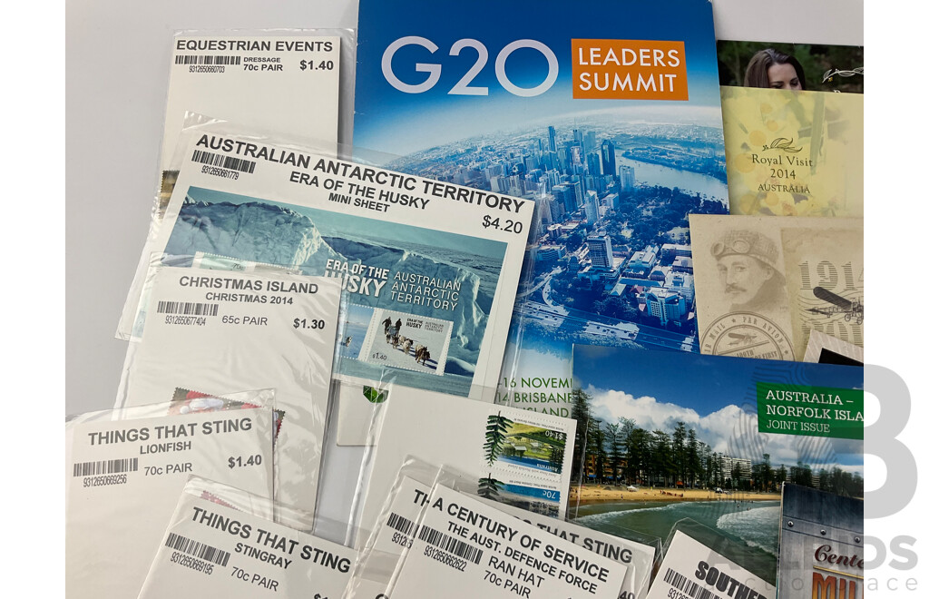 Collection of Australian Stamp Packs and First Day Covers Including 2001 Australia in the Antarctic, 2014 G20, 2014 Floral Emblems PNC and More