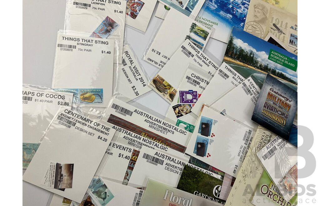 Collection of Australian Stamp Packs and First Day Covers Including 2001 Australia in the Antarctic, 2014 G20, 2014 Floral Emblems PNC and More