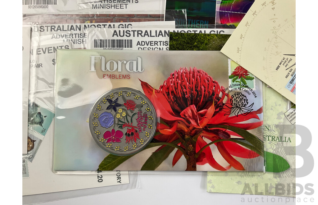 Collection of Australian Stamp Packs and First Day Covers Including 2001 Australia in the Antarctic, 2014 G20, 2014 Floral Emblems PNC and More