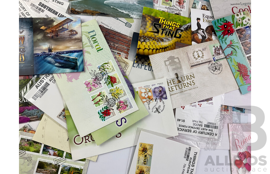 Collection of Australian Stamp Packs and First Day Covers Including 2001 Australia in the Antarctic, 2014 G20, 2014 Floral Emblems PNC and More