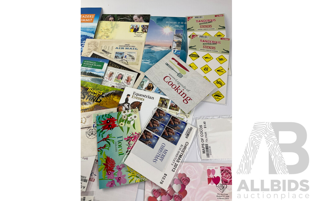 Collection of Australian Stamp Packs and First Day Covers Including 2001 Australia in the Antarctic, 2014 G20, 2014 Floral Emblems PNC and More