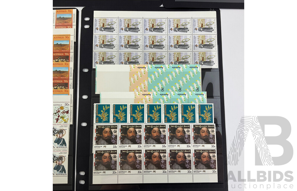 Australian 1980's Mint Stamp Blocks Including Sidney Nolan, Colonial Military Uniforms, Centenary District Nursing, Terra Australis, Conservation, Marine Life