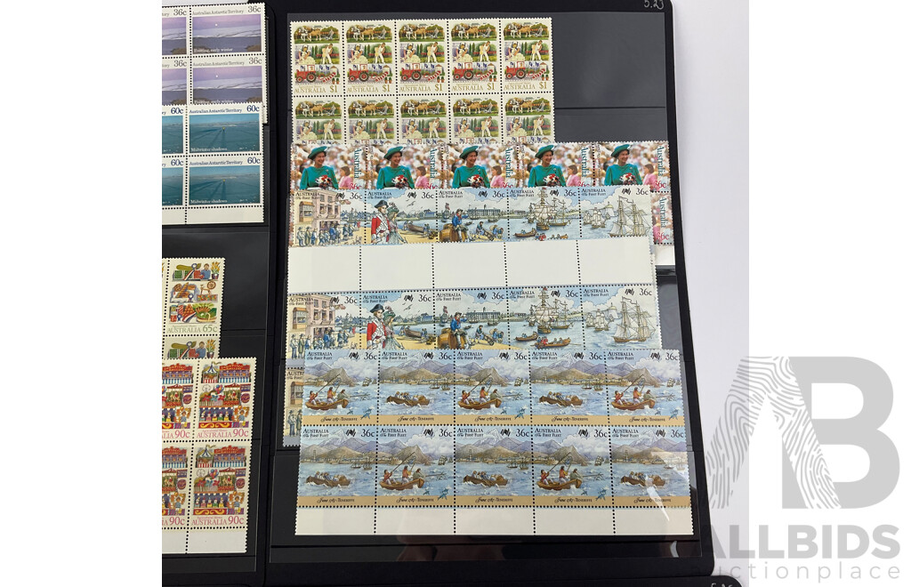 Australian 1987 Mint Stamp Blocks Including Antarctic Territory, Man From Snowy River, First Fleet and More