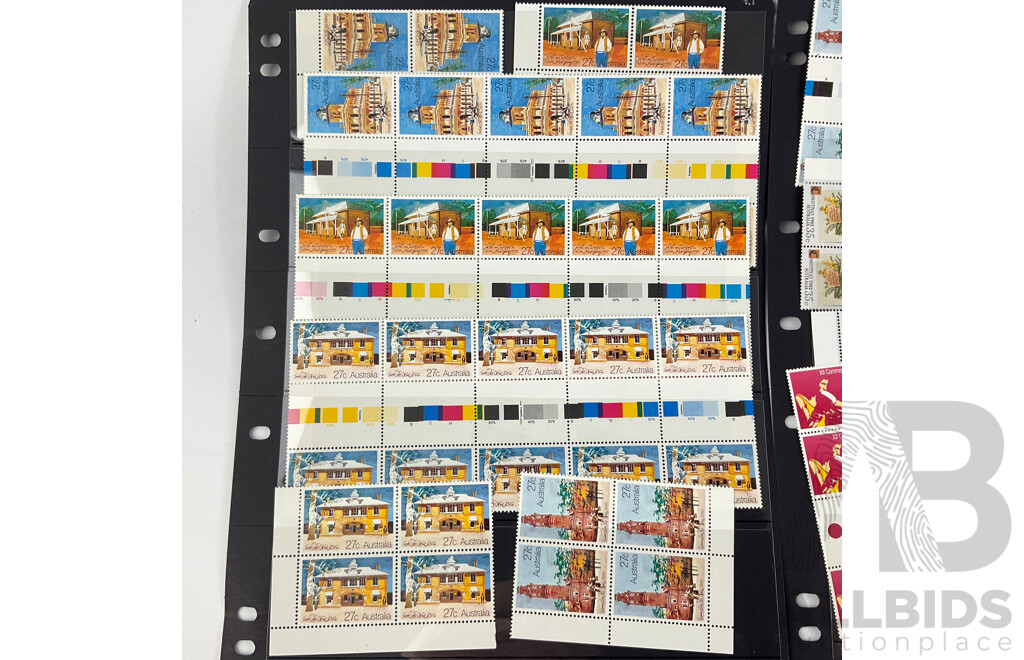 Australian 1982 Mint Stamp Blocks and Gutters Including Historic Post Offices, Commonwealth Games, Christmas, National Stamp Week, National Art Gallery Opening