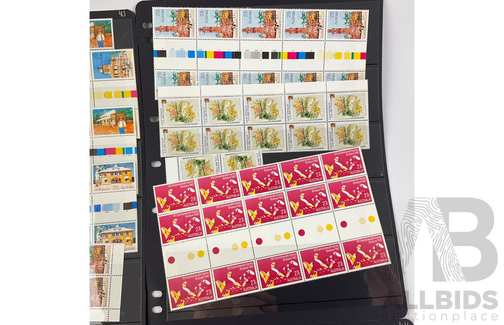 Australian 1982 Mint Stamp Blocks and Gutters Including Historic Post Offices, Commonwealth Games, Christmas, National Stamp Week, National Art Gallery Opening