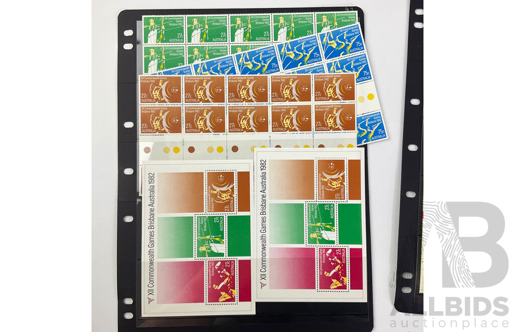 Australian 1982 Mint Stamp Blocks and Gutters Including Historic Post Offices, Commonwealth Games, Christmas, National Stamp Week, National Art Gallery Opening