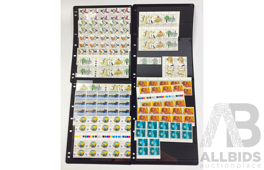 Australian 1983 Mint Stamp Blocks and Gutters Including St John Ambulance Centenary, 50th Anniversary Jaycees, Antarctic Territory, World Communications