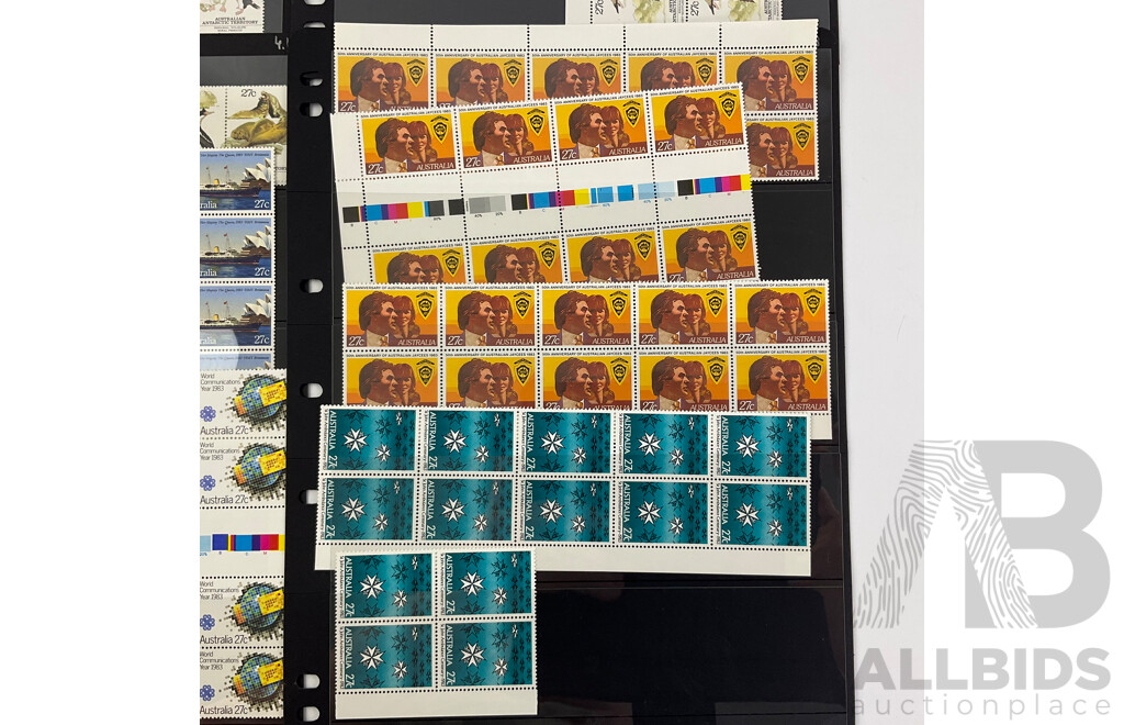 Australian 1983 Mint Stamp Blocks and Gutters Including St John Ambulance Centenary, 50th Anniversary Jaycees, Antarctic Territory, World Communications