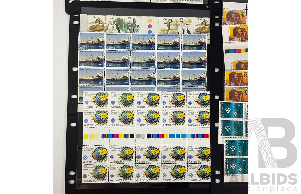 Australian 1983 Mint Stamp Blocks and Gutters Including St John Ambulance Centenary, 50th Anniversary Jaycees, Antarctic Territory, World Communications