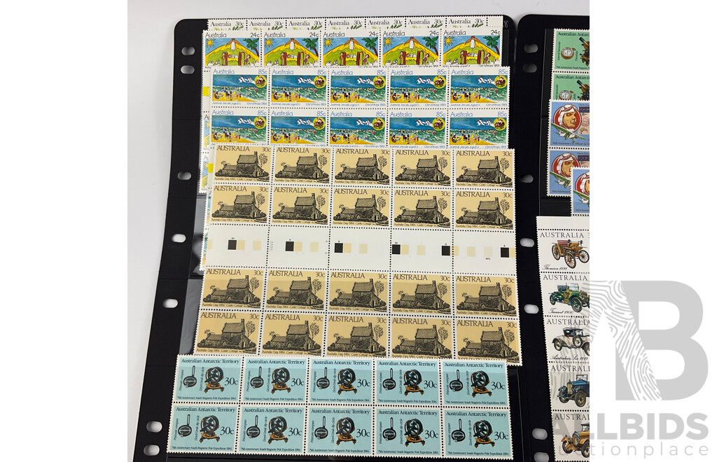 Australian 1984/1985 Mint Stamp Blocks and Gutters Including Vintage Cars, Antarctic Territory, Clipper Ships, Fishes of the Reef