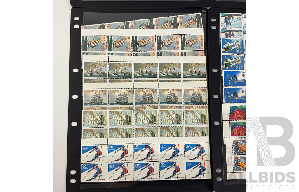 Australian 1984/1985 Mint Stamp Blocks and Gutters Including Vintage Cars, Antarctic Territory, Clipper Ships, Fishes of the Reef