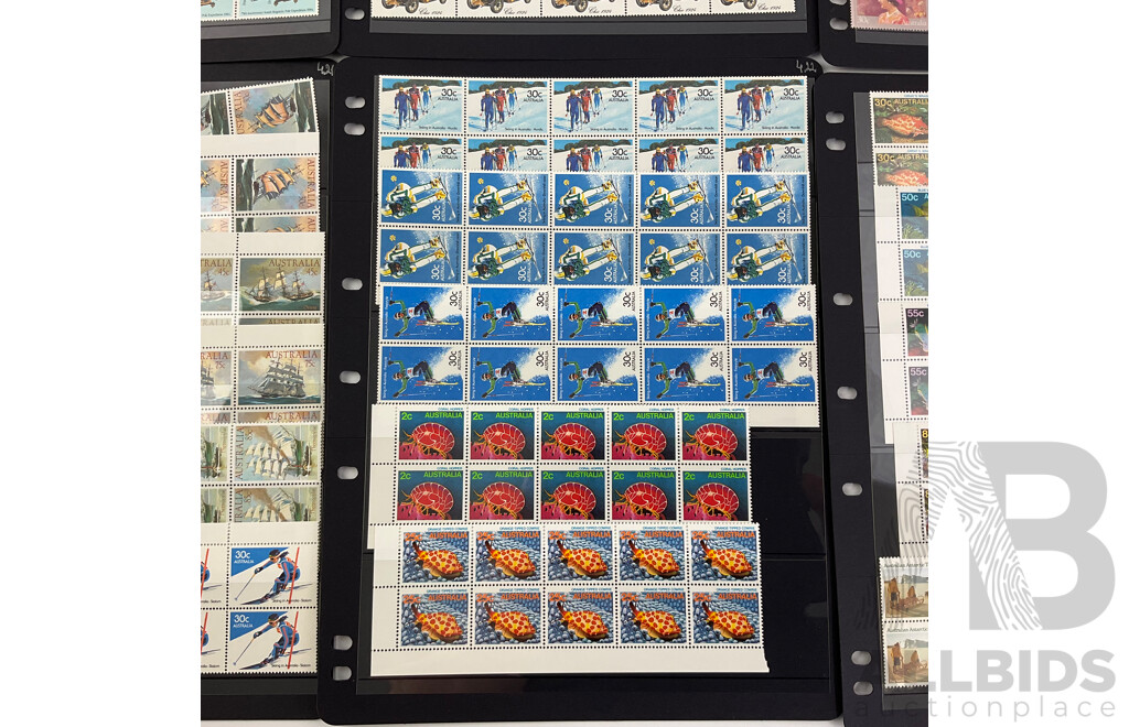 Australian 1984/1985 Mint Stamp Blocks and Gutters Including Vintage Cars, Antarctic Territory, Clipper Ships, Fishes of the Reef