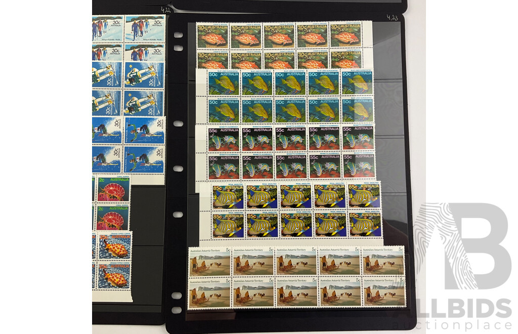 Australian 1984/1985 Mint Stamp Blocks and Gutters Including Vintage Cars, Antarctic Territory, Clipper Ships, Fishes of the Reef