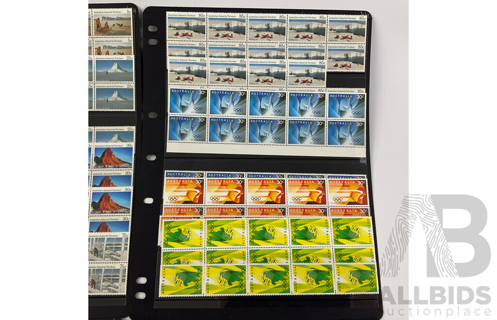 Australian 1984 Mint Stamp Blocks and Gutters Including Antarctic Territory, Olympics, AUSIPEX, Christmas