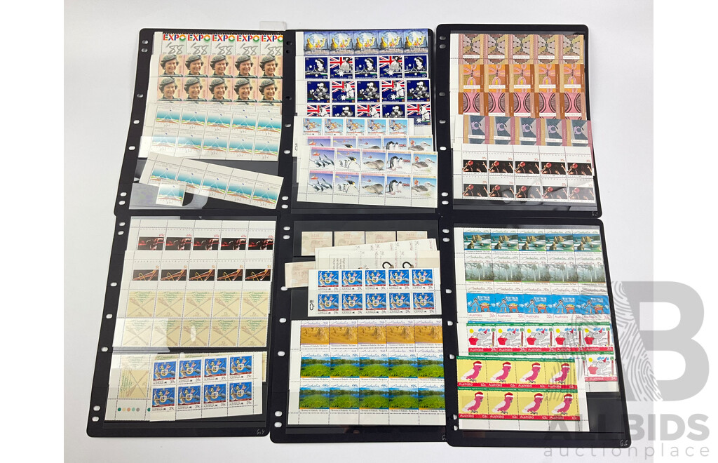 Australian 1988 Mint Stamp Blocks and Strips Including Parliament House Opening, Expo 88, Happy Birthday, New Zealand Joint Issue, Living Together, Christmas