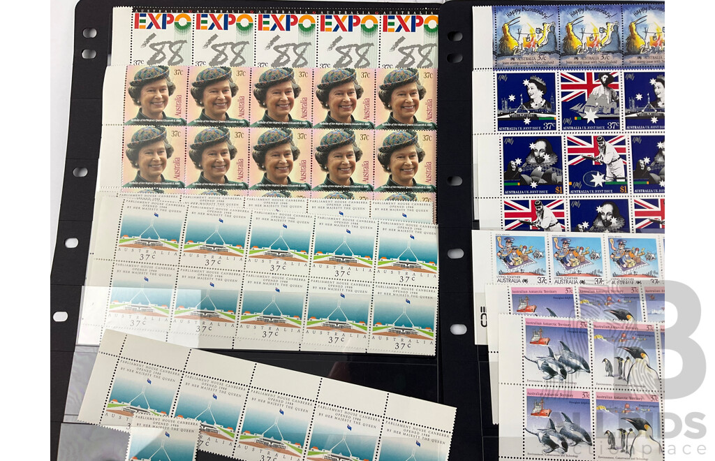 Australian 1988 Mint Stamp Blocks and Strips Including Parliament House Opening, Expo 88, Happy Birthday, New Zealand Joint Issue, Living Together, Christmas