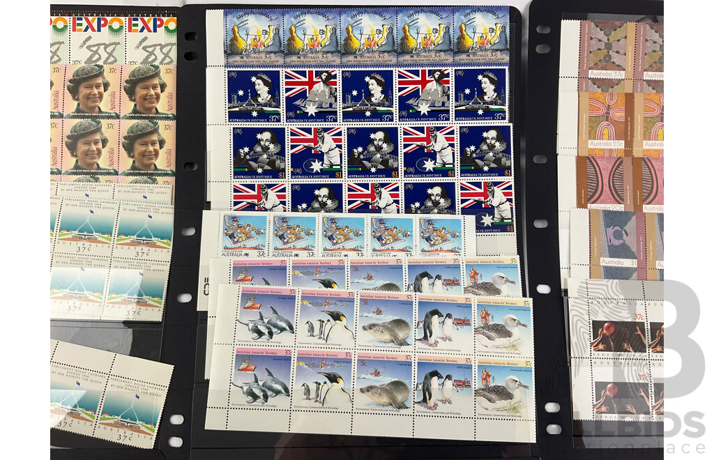 Australian 1988 Mint Stamp Blocks and Strips Including Parliament House Opening, Expo 88, Happy Birthday, New Zealand Joint Issue, Living Together, Christmas