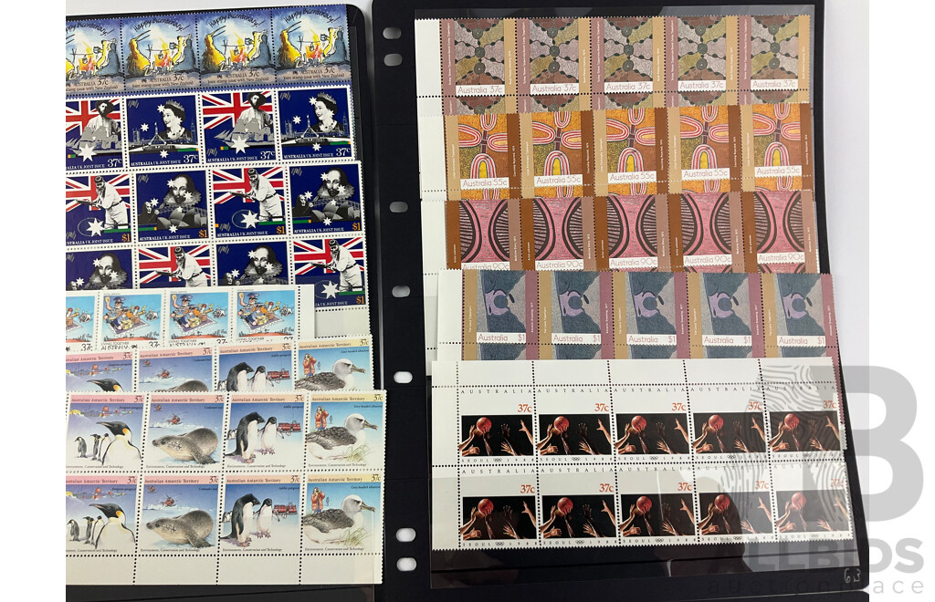 Australian 1988 Mint Stamp Blocks and Strips Including Parliament House Opening, Expo 88, Happy Birthday, New Zealand Joint Issue, Living Together, Christmas