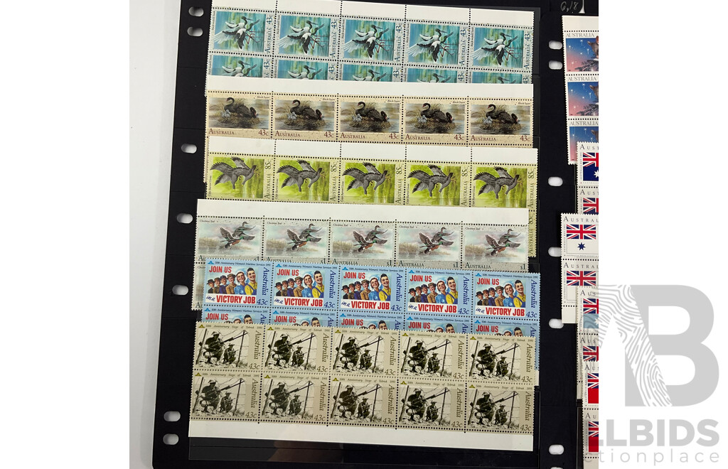 Australian 1990-1991 Mint Stmap Blocks Including Colonial Stamps, ANZAC Tradition, USSR Joint Issue, Australia Day, Water Bird Set