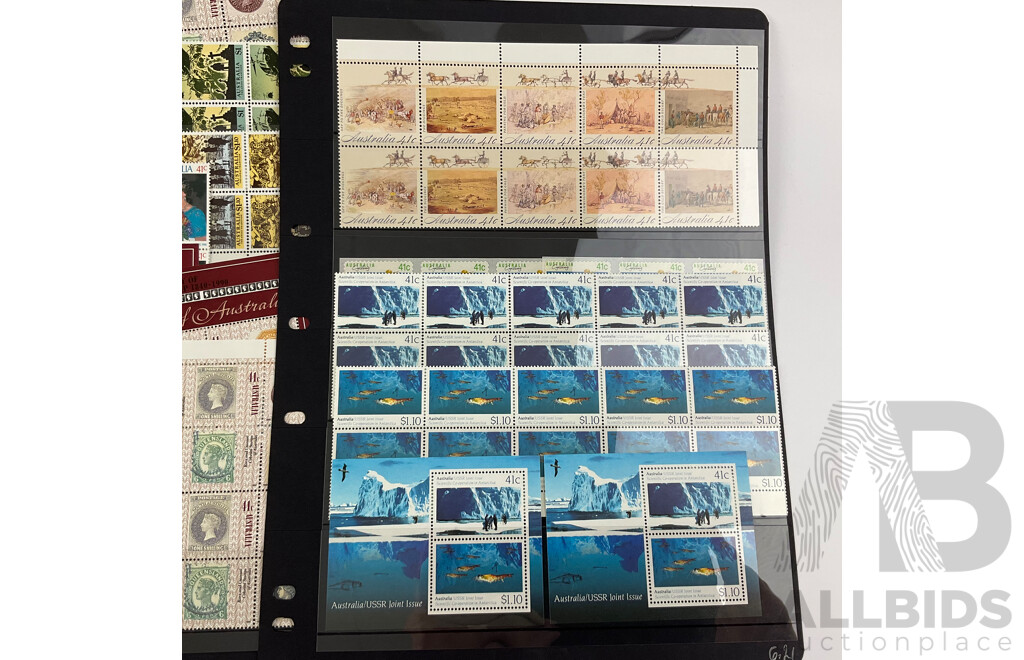 Australian 1990-1991 Mint Stmap Blocks Including Colonial Stamps, ANZAC Tradition, USSR Joint Issue, Australia Day, Water Bird Set