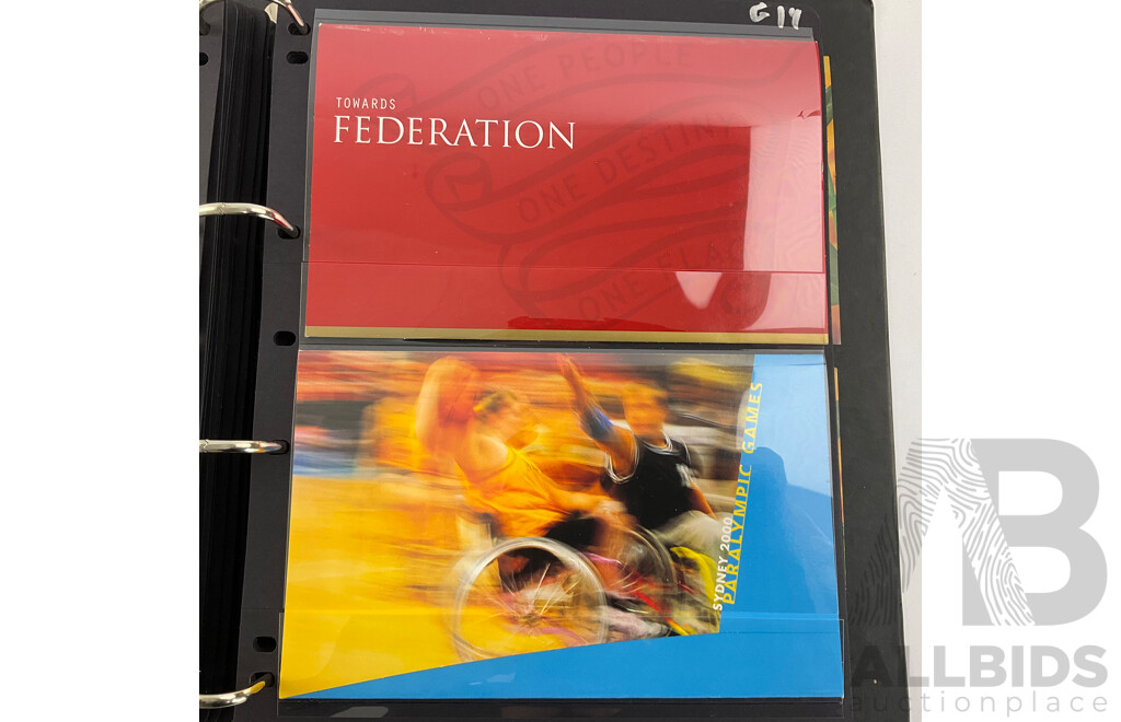 Album of Australian 2000/2001 Stamp Packs Including Sydney Olympics/Paralympics, Christmas, QE2 Birthday, Gardens and More
