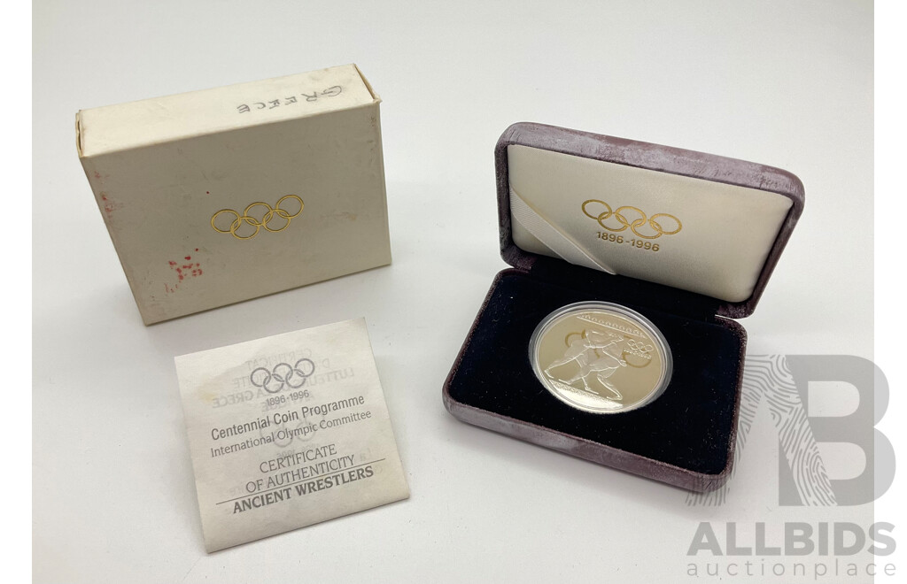 International Olympic Committee 1896-1996 Centennial 1000 Drachma Silver Proof Coin - Greece, Ancient Wrestlers .925